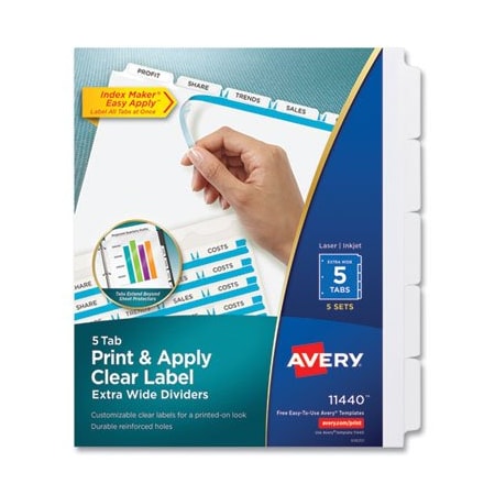 Avery Dennison Avery, PRINT AND APPLY INDEX MAKER CLEAR LABEL DIVIDERS, 5 WHITE TABS, LETTER, 5 SETS 11440